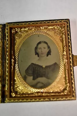 Antique Tintype 1/9 Leather Case Small Folding Daguerretype Victorian Lady Clasp • $69.99