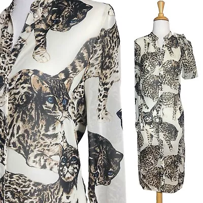 H&M CONSCIOUS Bengal Cat Print Sheer Shirt Dress Tunic Size 2 EUR 32 Side Slits • $24.90