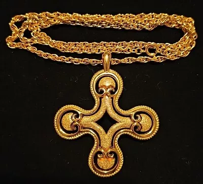 Crown Trifari Maltese Cross Pendant Necklace | 1960s Costume Jewelry Gold Tone • $45