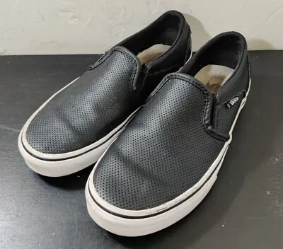 Vans Asher Perf Leather Slip On Shoes Black Sneakers Basic Waffle Women 6.5 • £19.29