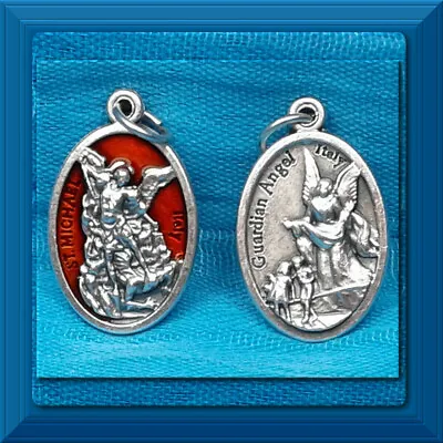 Catholic Medal DOUBLE SIDED Guardian Angel SAINT MICHAEL Red Enamel DETAILED NEW • $1.75