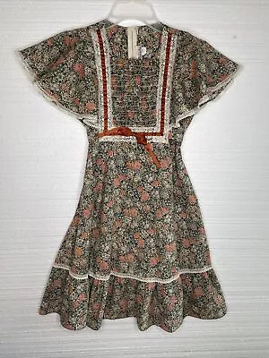 Vintage 1970s Girls Prairie Dress Smocked Brown Floral Beaux Age Mini Flutter XS • $50