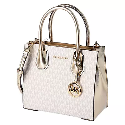 Michael Kors Mercer Medium Vanilla MK Signature Messenger Satchel Bag Pale Gold • $168.99