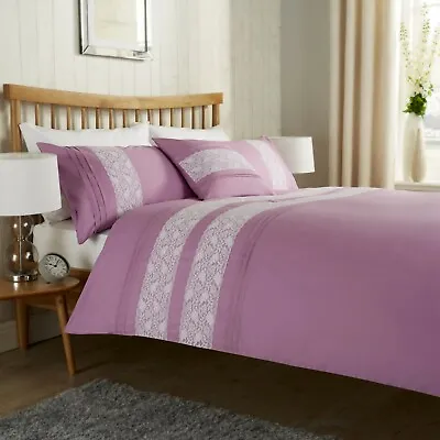 Lace Pleated Duvet Cover Double King Mauve Lilac Bibury Bedding Set  • £3.99