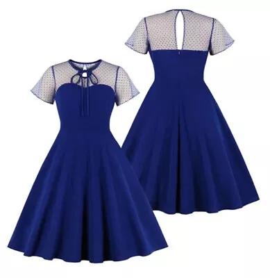 Blue Ladies 14 16 Rockabilly Vintage Style Mesh Party Swing Audrey Dress 40s 50s • £9.99