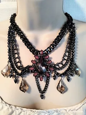 ZARA Gothic Rocker Black Smokey Crystal Dangle Bib Statement Necklace • $40