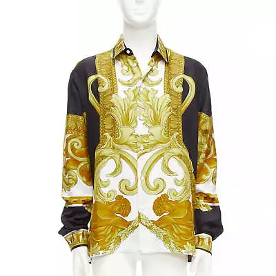 VERSACE 100% Silk Renaissance Barocco Gold Black White Print Shirt IT52 XL • $648