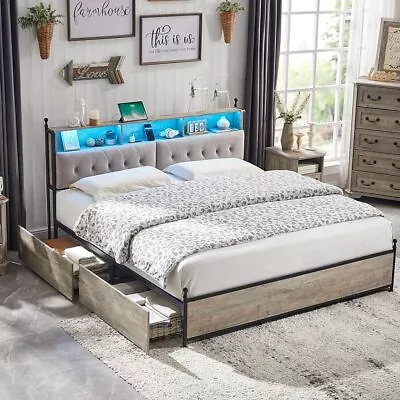 T4TREAM King Bed Frame With Storage Upholstered Headboard And 4 Drawers • $378.99