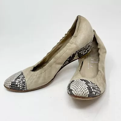 AGL Women’s Beige Metallic Leather Cap Toe Snake Skin Wedge Italy 38.5 US 8.5 • $25