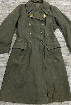 Vintage WWII Swedish Military Mens Green Wool Double Breast Trench Coat Size 38 • $194.46