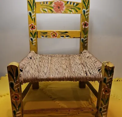 Vintage Folk Art Hand Painted Child's/Doll Chair Yellow Mexican Style Spanish  • $45