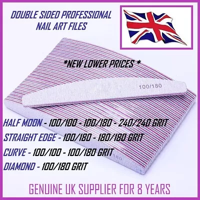 Nail Files 100/180/240 Grit Professional Quality Half Moon/curved/diamond Buffer • £29.99