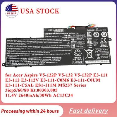 AC13C34 Battery For Acer Aspire V5-122P V5-132P E3-111 E3-112V E3-111-C0M6 30Wh • $39.99