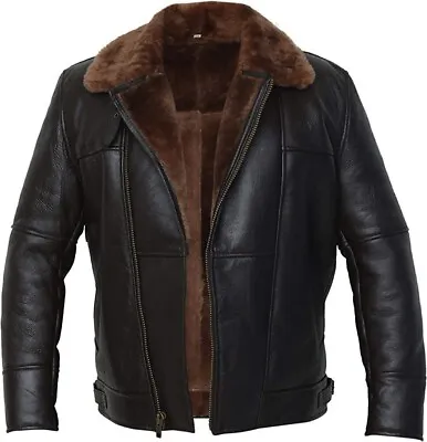 Mens B4 Bomber Aviator RAF Black Real Shearling Jacket Genuine Sheepskin Leather • $200