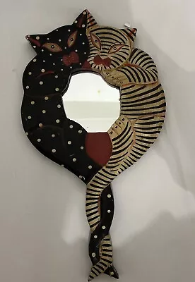 Folk Art Two Cosmic Cats Wall Or Hand Mirror Carved Wood Hand Painted *flaw* • $13