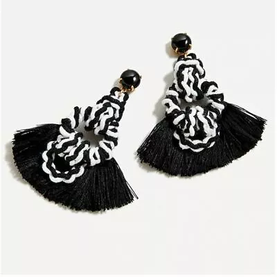 New J Crew Women Black Epoxy Fringe Fabric Sailor Knot Earrings 3.5  9cm Drop  • $24.99