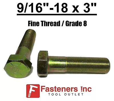 9/16-18 X 3  (PT) Hex Bolt Yellow Zinc Plated Grade 8 Cap Screw Fine Thread • $11.68