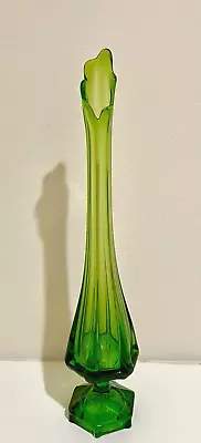 Vintage Viking Swung Green Glass MCM Glass Vase 19” Tall Paneled Hexagon Base • $103.23