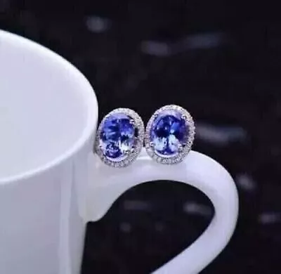 4Ct Oval Cut Lab-Created Blue Tanzanite Halo Stud Earrings 14K White Gold Plated • £100.19