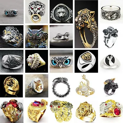 Mens Punk Animals Dragon Wolf Head Lion Dinosaur Owl Ring Biker Cocktail Rings • $1.91