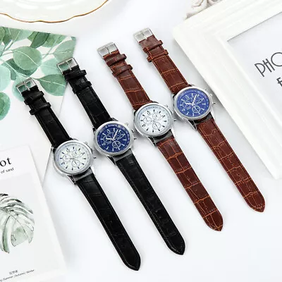 Classic Men's Watch With Blue Glass Leather Strap Quartz Movement Mineral • $16.74