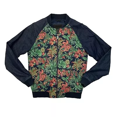 Zara Black Tag Jacket Mens M Slim Fit Floral Tapestry Jacquard Mix Media Bomber • $24.94