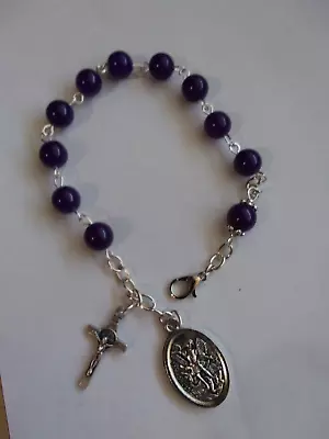 Purple Amethyst Gemstone Rosary Bracelet St Michael+Guardian Angel Medal Charm • $15