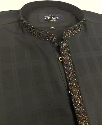 Men's Black 4 Kurta With Placket Embroidery • £20