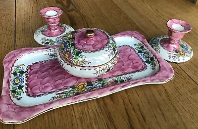 Maling Peony Rose Dressing Table Set Trinket Tray 2 Candlesticks And Power Pot. • £25