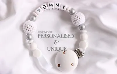 White Crochet Dummy Clip Personalised Dummy Chain Pacifier Clip Wool For Baby • £9.45