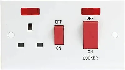 £9.99 • Buy 45 Amp White Cooker Switch & Socket With Neons Double Pole Oven Electric 2 Gang