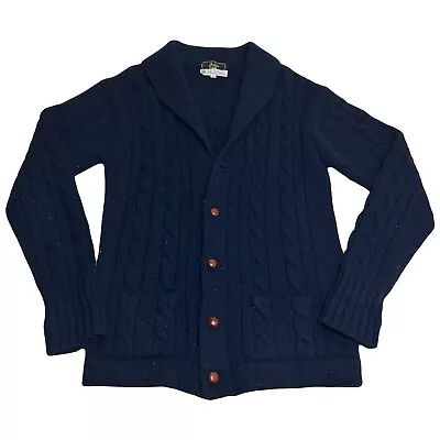 Vintage Navy Blue Full Fashioned New Wool Cable Knit Shawl Cardigan Sweatshirt • $39.95