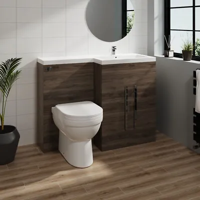 Bathroom Walnut L-Shape RH Basin Vanity Unit BTW WC Toilet 1100mm Furniture Set • £435.99