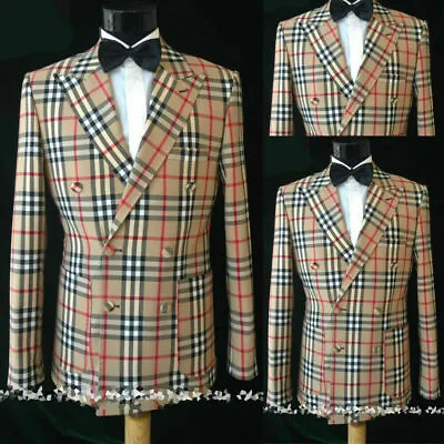 Beige Men Suit Double Breasted Vintage Plaid Leisure Tuxedo Party Prom Blazer • $88.32