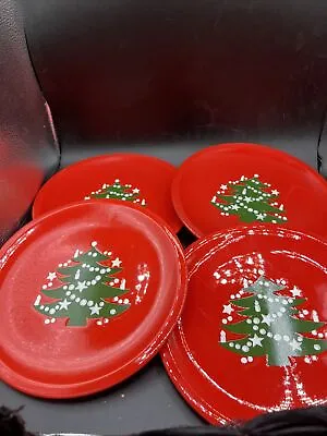 Waechtersbach Germany Red Christmas Tree 10” Dinner Plates Set Of 4 Vintage • $155