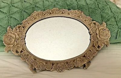 Vanity Mirror Tray Ornate Victorian Cast Iron Footed Perfume Floral Vintage • $53.95