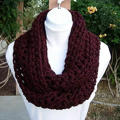 INFINITY SCARF Dark Burgundy Wine Red New Handmade Crochet Knit Winter Loop Cowl • £28.95