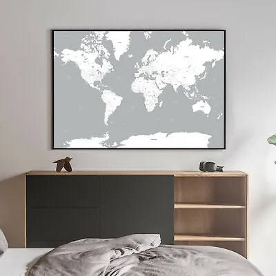 Map Of The World A0 Large Grey White Wall Hanging Poster Print - High Quality • £15.99