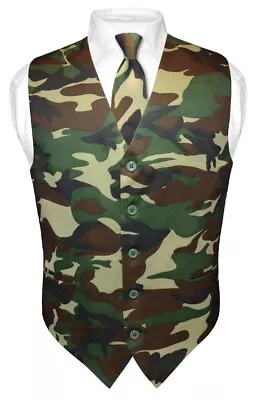 Mens ARMY Green Camouflage Dress Vest NeckTie Set Large • $17.95