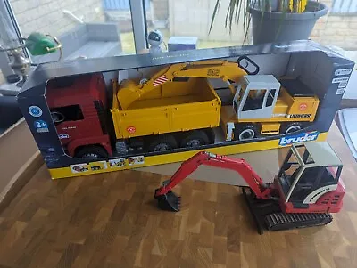 Bruder Truck Man With Construction Tipper Ed Excavator Liebherr And Schaeff HR16 • £57