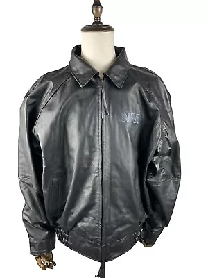 Burk's Bay NRA Bomber Jacket Men XXL Genuine Leather Members Only Black Logo • $62