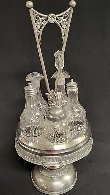 Vintage Lazy Susan Cruet Condiment Set Etched Silver Plate Cut Glass 11 Pieces • $124.97