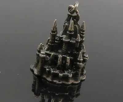 DISNEY 925 Sterling Silver - Vintage Oxidized Sculpted Castle Pendant - PT11454 • $48.97