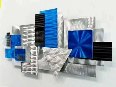 New Modern 3D Metal Wall Sculpture Large Silver Blue Decor Signed Art Jon Allen • $310