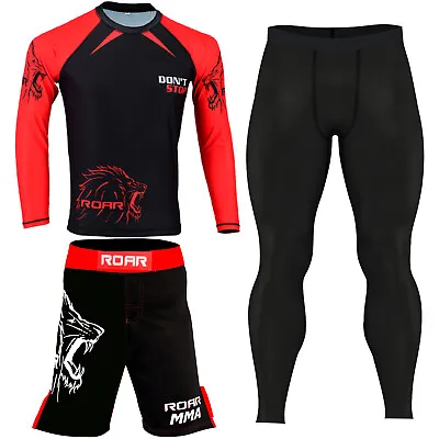 ROAR New MMA Kick Boxing Shorts BJJ Rash Guard Compression Legging No Gi Gym Set • $72.19