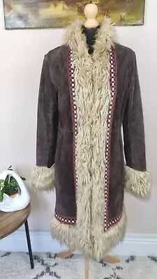 £110 • Buy Vintage Y2k Topshop Suede 100%leather Brown  Afghan Coat 10 12 Faux Fur Festival