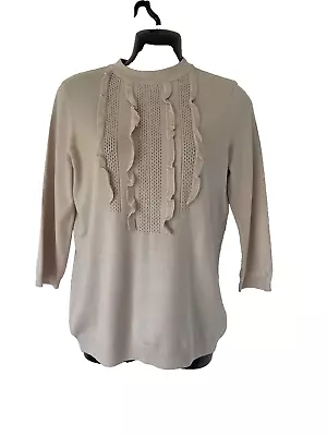 Warehouse Beige Tight Knit Lazer Ruffle Front Top Size Uk 12 New Tags £36 • £16.99