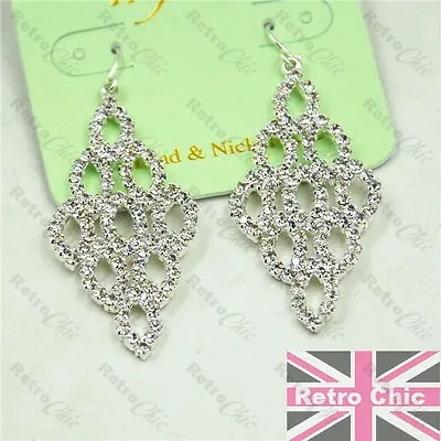 CRYSTAL CHANDELIER EARRINGS Sparkly Glass Rhinestone SILVER TONE Vintage Style • £2.99