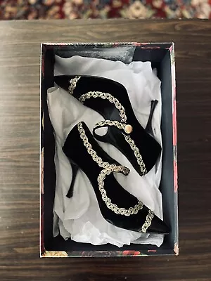 Dolce & Gabbana Size 36.5 (6.5) Black Velvet Gold Mary Jane Pumps • £241.28
