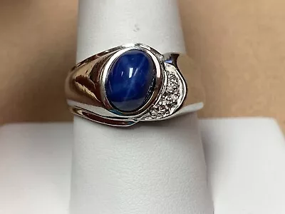 Vintage 10K White Gold Blue Star Sapphire Men's Ring With Diamond Accents Sz 9 • $385